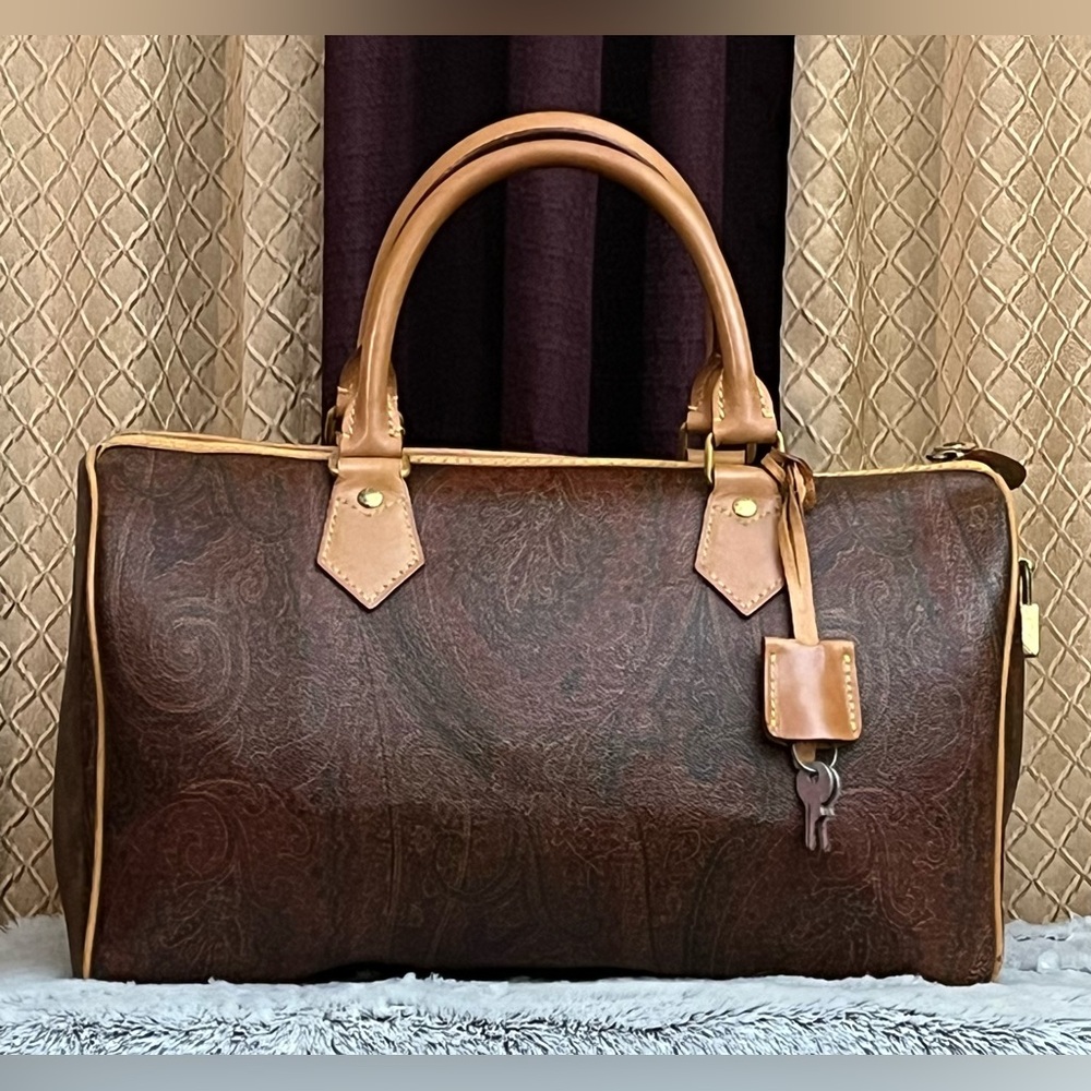 ETRO MILANO  Brown Paisley Patterned Satchel with Leather Tan Trim